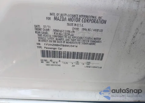 2011 Mazda Mazda6 I Sport z USA, uszkodzony, nr VIN 1YVHZ8BH7B5M20414